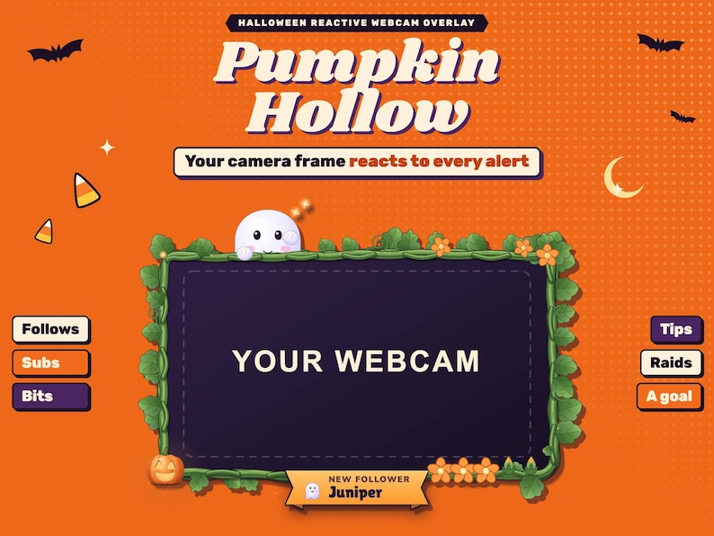 Pumpkin Hollow Halloween reactive webcam overlay: a pumpkin-vine frame around a webcam with a ghost peeking over the top and waving for a new follower named in the banner below.
