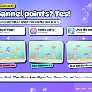 Twitch channel point rewards for Fish Tank, such as Reef feast, Dance party and Love the reef.