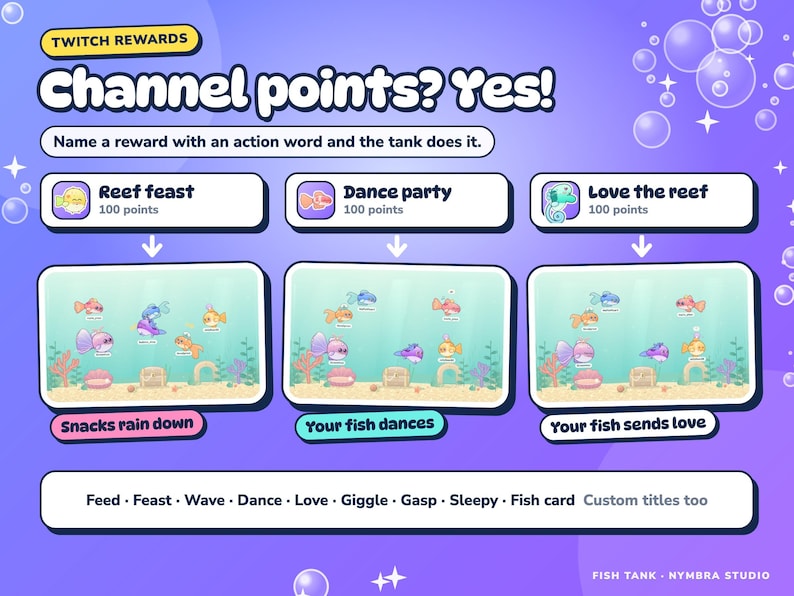 Twitch channel point rewards for Fish Tank, such as Reef feast, Dance party and Love the reef.