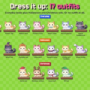Może przedstawiać: Grafika w stylu pixel art zatytułowana Dress it up: 17 outfits, przedstawiająca r&oacute;żne postacie kot&oacute;w na brązowych platformach. Koty są podzielone na zestawy Everyday, Halloween i Christmas, z kt&oacute;rych każdy zawiera akcesoria, takie jak czapki i kokardy.