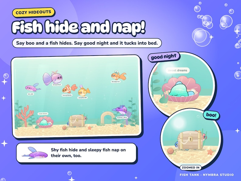 Fish Tank fish hiding behind a treasure chest and napping in a clam bed, shown zoomed in.