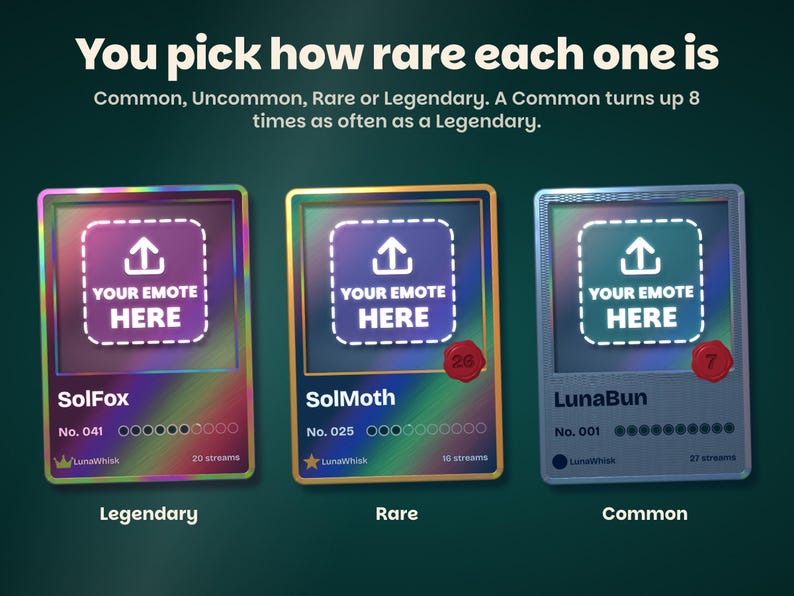You pick how rare each picture is: a Legendary card in a rainbow frame, a Rare card in gold and a Common card, each with an upload slot reading Your emote here where your picture goes. A Common turns up 8 times as often as a Legendary.
