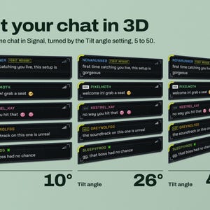 The same five-message Chorus chat in the Signal template shown three times on a lavender background, turned in perspective by the 3D tilt layout at Tilt angle settings of 10, 26 and 45 degrees, each column labelled with its angle.