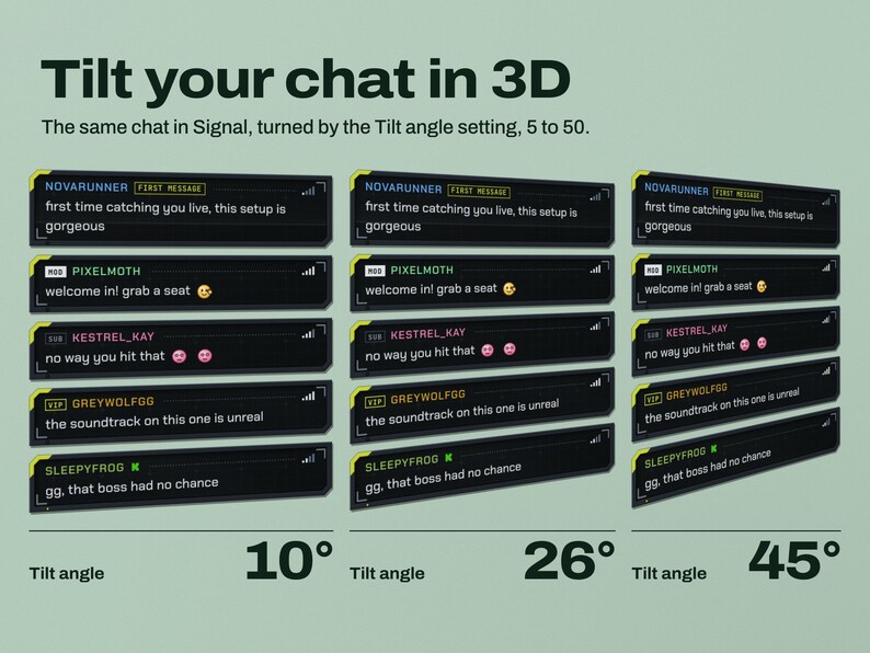 The same five-message Chorus chat in the Signal template shown three times on a lavender background, turned in perspective by the 3D tilt layout at Tilt angle settings of 10, 26 and 45 degrees, each column labelled with its angle.