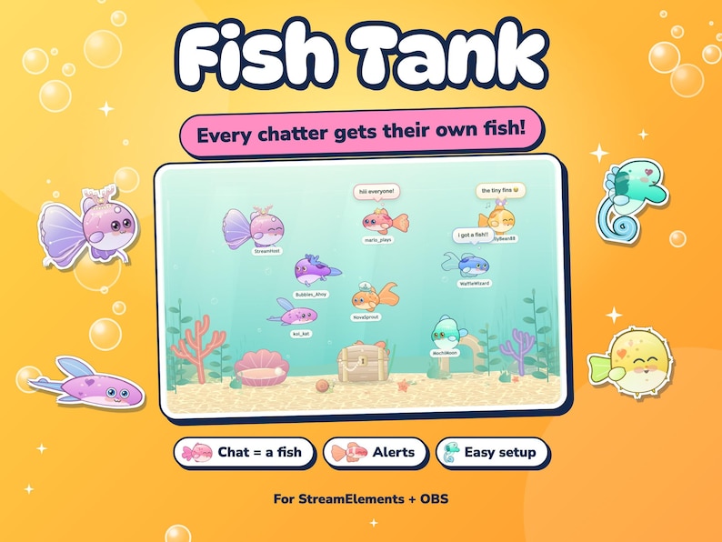 Fish Tank interactive aquarium widget for Twitch and YouTube streams, where every chatter gets their own named fish, for StreamElements and OBS.