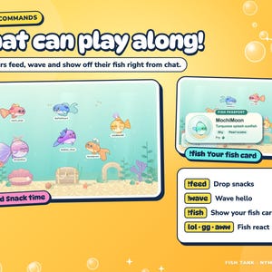 Fish Tank chat commands: feeding the fish, a viewer's fish card and waving hello.
