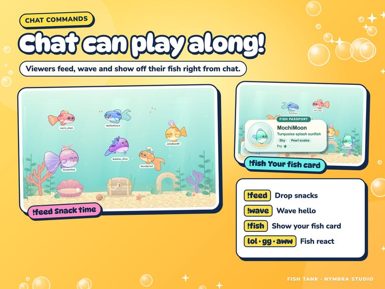 Fish Tank chat commands: feeding the fish, a viewer's fish card and waving hello.