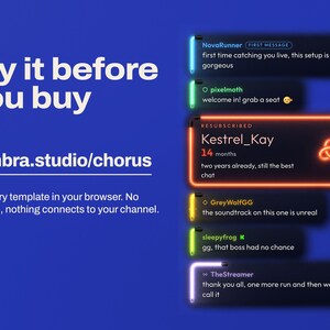 Try the Chorus chat widget free at nymbra.studio/chorus: switch templates, chat as any viewer and send every alert in your browser, shown beside a neon Halo chat with a resub alert.
