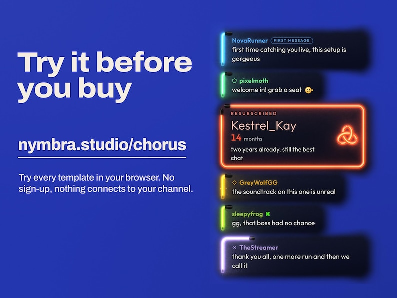 Try the Chorus chat widget free at nymbra.studio/chorus: switch templates, chat as any viewer and send every alert in your browser, shown beside a neon Halo chat with a resub alert.