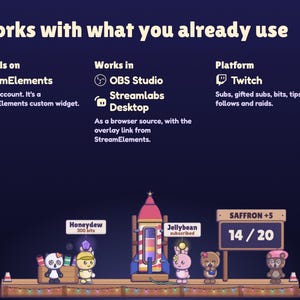 Where Launchlings works: installs on a free StreamElements account as a custom widget, shows in OBS Studio and Streamlabs Desktop as a browser source, and reacts to Twitch subs, gifted subs, bits, tips, follows and raids.