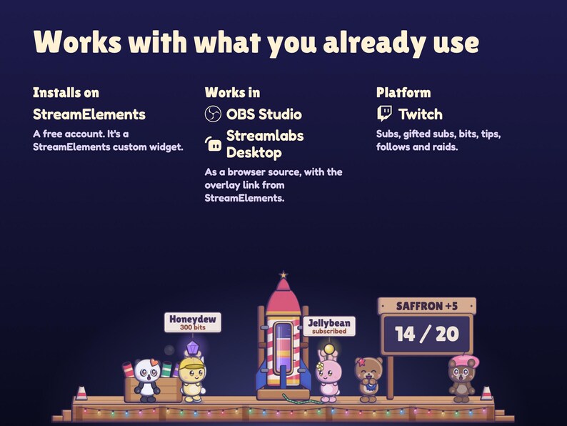 Where Launchlings works: installs on a free StreamElements account as a custom widget, shows in OBS Studio and Streamlabs Desktop as a browser source, and reacts to Twitch subs, gifted subs, bits, tips, follows and raids.