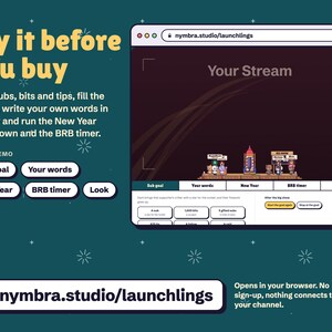 Try Launchlings free at nymbra.studio/launchlings: send subs, bits and tips, fill the rocket, write your own words in the sky and run the New Year countdown and the BRB timer in your browser, with no sign-up and nothing connected to your channel.