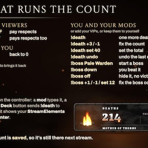 Ashen Tally commands by who types them: viewers pay respects with F or o7; you and your mods use !death, !death set 40, !death undo, !boss, !boss down, !boss off; only you can reset. The count is saved.