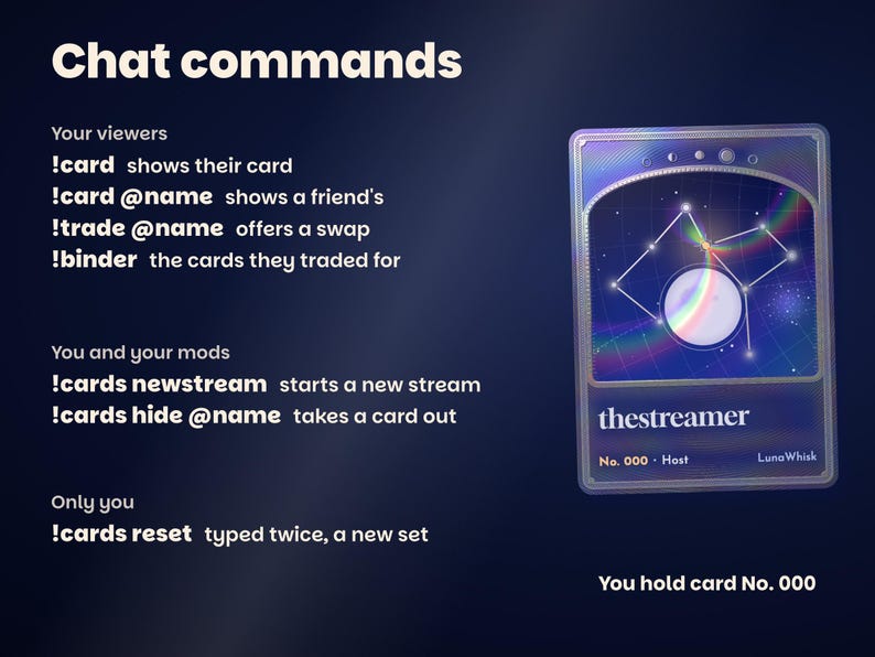 Foilfolk chat commands: viewers use !card, !card @name, !trade @name and !binder; you and your mods use !cards newstream and !cards hide @name; only you use !cards reset, typed twice. You hold card No. 000, the host card.