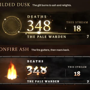 Gilded Dusk and Bonfire Ash banners mid-death: gilt relighting the number from a halo of runes, and a campfire roaring back beside the new number.