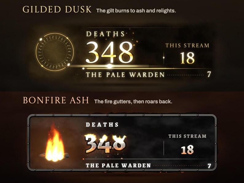 Gilded Dusk and Bonfire Ash banners mid-death: gilt relighting the number from a halo of runes, and a campfire roaring back beside the new number.