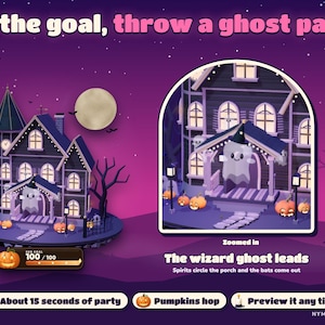 The ghost party when the goal is reached, with the wizard-hat ghost shown zoomed in.
