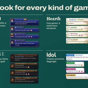 Four genre chat templates in Chorus: Pixel 16-bit RPG window with a portrait for every chatter, Hearth watercolour storybook, Rune carved stone and Idol anime and VTuber stage.