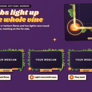 Halloween reactive webcam overlay. A sub makes the jack-o'-lantern flare and two lights race round the vine to meet on the far side.