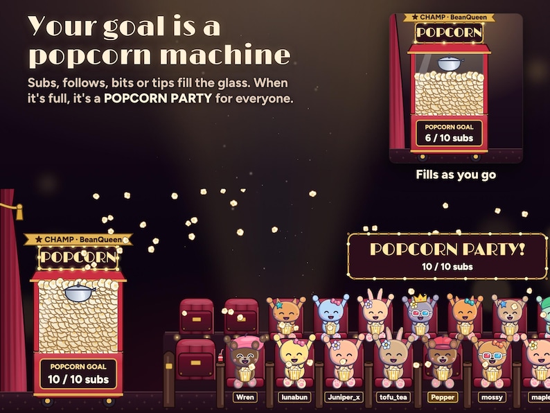 The Seatlings goal is a popcorn machine: subs, follows, bits or tips fill the glass, 6 / 10 subs, and at 10 / 10 subs it overflows over the whole audience in a POPCORN PARTY!