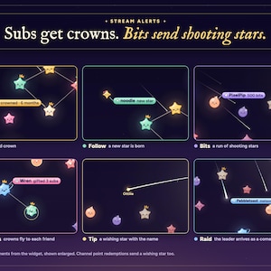 Starlings twitch chat overlay alerts: a gold crown for a sub, a mint tag for a follow, shooting stars for bits, crowns flying to gift sub recipients, a wishing star for a tip, and a raid comet.