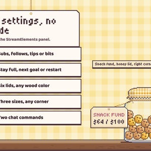 Loaf Jar's 18 StreamElements settings in five big choices (goal type, after the goal, lids, sizes, chat commands), beside a tip goal with a honey lid in the right corner.
