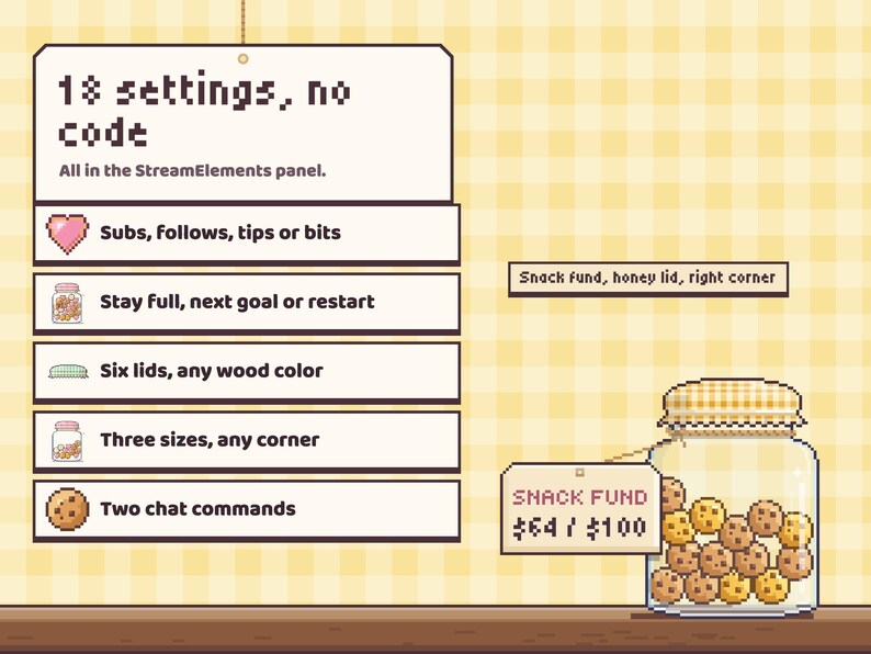 Loaf Jar's 18 StreamElements settings in five big choices (goal type, after the goal, lids, sizes, chat commands), beside a tip goal with a honey lid in the right corner.