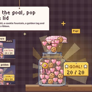 Loaf Jar goal celebration: the jar shivers, the lid pops with confetti and a cookie fountain, and the jar stays golden with a prize ribbon.
