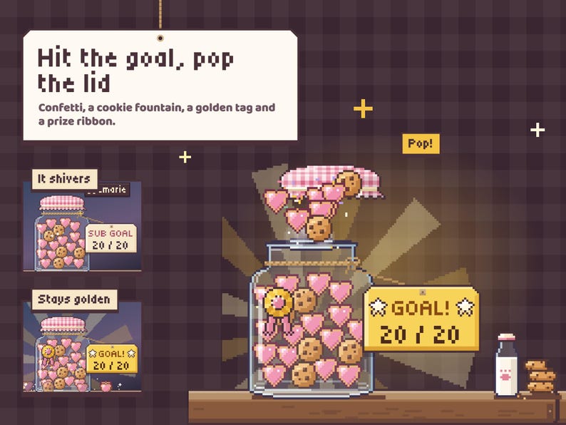 Loaf Jar goal celebration: the jar shivers, the lid pops with confetti and a cookie fountain, and the jar stays golden with a prize ribbon.
