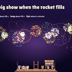 The Launchlings big show when the rocket fills: a wall of fireworks and gold crowns tipped in the supporters' colours over the cheering crew, in Short, Long or Epic lengths.