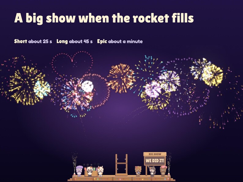 The Launchlings big show when the rocket fills: a wall of fireworks and gold crowns tipped in the supporters' colours over the cheering crew, in Short, Long or Epic lengths.