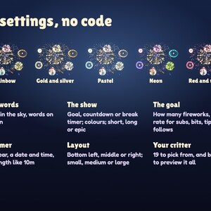 19 Launchlings settings with no code: five firework colour sets (rainbow, gold and silver, pastel, neon, red and white), your words, the show, the goal, the timer, the layout and your critter.