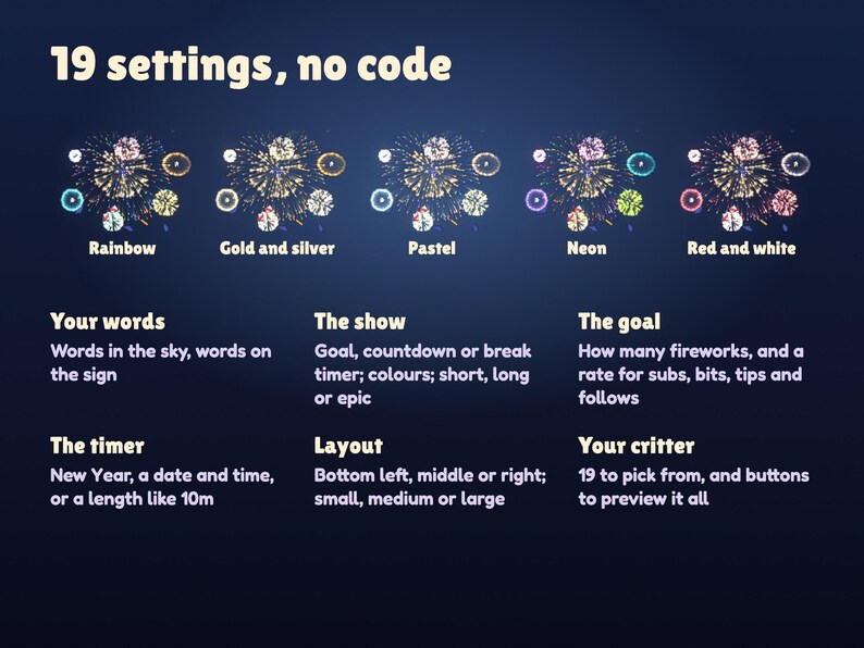 19 Launchlings settings with no code: five firework colour sets (rainbow, gold and silver, pastel, neon, red and white), your words, the show, the goal, the timer, the layout and your critter.