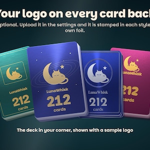 Your logo on every card back: four decks of metal card backs, one per card style, each stamped in its own foil with a sample channel logo and the set's name and count, 212 cards. Optional, uploaded in the settings.