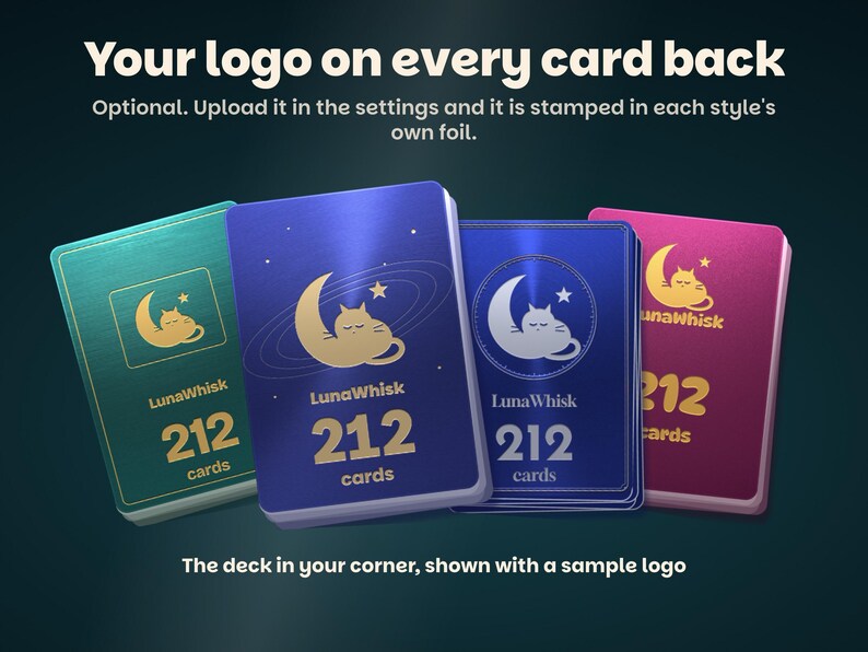 Your logo on every card back: four decks of metal card backs, one per card style, each stamped in its own foil with a sample channel logo and the set's name and count, 212 cards. Optional, uploaded in the settings.