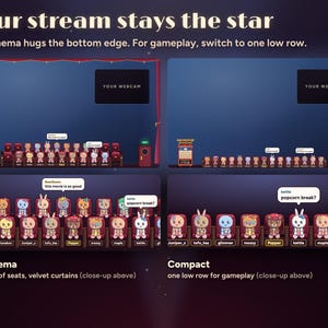 Seatlings on a 1920 x 1080 stream beside a YOUR WEBCAM box: the full cinema with two rows of seats and velvet curtains, and the compact layout with one low row for gameplay, with close-ups of each.