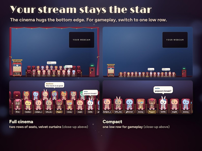 Seatlings on a 1920 x 1080 stream beside a YOUR WEBCAM box: the full cinema with two rows of seats and velvet curtains, and the compact layout with one low row for gameplay, with close-ups of each.