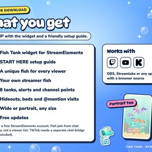 What the Fish Tank download includes and what it works with: Twitch, YouTube, Kick, OBS and Streamlabs, wide or portrait.