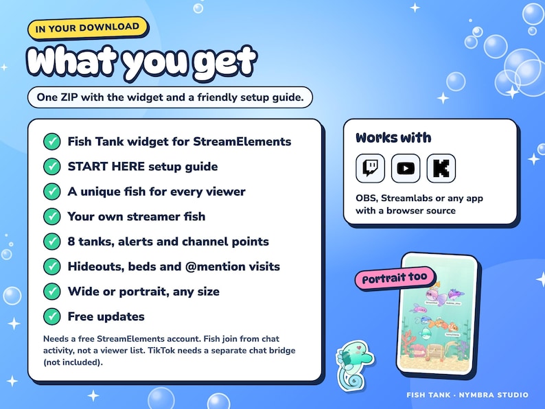 What the Fish Tank download includes and what it works with: Twitch, YouTube, Kick, OBS and Streamlabs, wide or portrait.