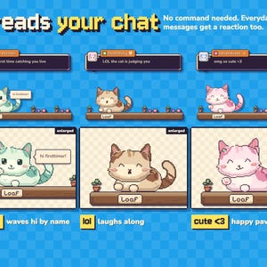 Może przedstawiać: Cyfrowa grafika przedstawiająca koty w stylu pixel art na p&oacute;łkach z oknami czatu. Tekst zawiera: It reads your chat, No command needed. Everyday messages get a reaction too, 1st msg waves hi by name, lol laughs along oraz cute <3 happy paw wave.