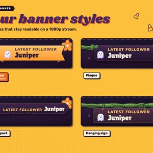 Halloween reactive webcam overlay. The four name banner styles: Ribbon, Plaque, Compact and Hanging sign, shown enlarged.