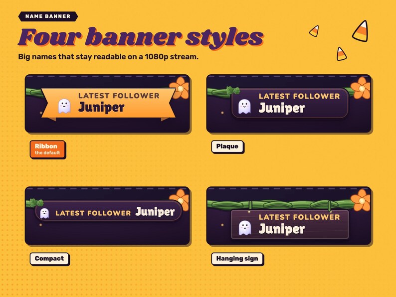 Halloween reactive webcam overlay. The four name banner styles: Ribbon, Plaque, Compact and Hanging sign, shown enlarged.