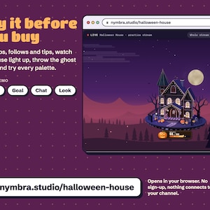 Halloween House live demo at nymbra.studio/halloween-house, the 3D haunted house goal lighting up on a practice stream