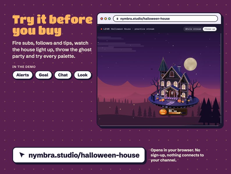Halloween House live demo at nymbra.studio/halloween-house, the 3D haunted house goal lighting up on a practice stream
