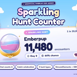 May include: A digital overlay for streaming featuring the text Sparkling Hunt Counter, Emberpup, 11,480 encounters, Day 9, and 44% chance. The design includes a central crystal ball icon, smaller crystal ball accents, and four rounded buttons at the bottom.