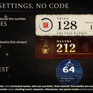 16 settings with no code, each shown by name: Label above the number set to Tries in Ink & Steel, deaths this stream off in Cloud & Gold, and the Crest shape in Summit.