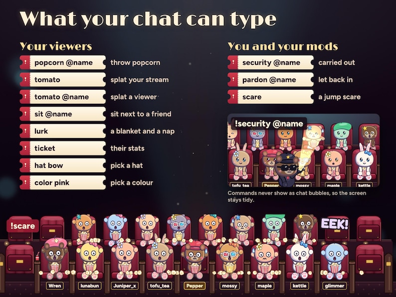 Seatlings chat commands by who types them: viewers use !popcorn @name, !tomato, !tomato @name, !sit @name, !lurk, !ticket, !hat and !color; you and your mods use !security @name, !pardon @name and !scare for a jump scare, EEK!