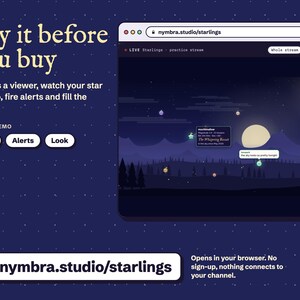 Starlings live demo at nymbra.studio/starlings, the chat sky of stars and the moon goal on a practice stream