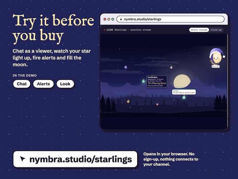 Starlings live demo at nymbra.studio/starlings, the chat sky of stars and the moon goal on a practice stream