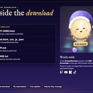 What the Starlings twitch chat overlay download holds: START-HERE.html, the four widget files, SETUP.md and LICENSE.txt, beside the full moon.